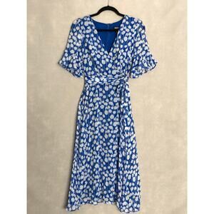 DKNY Short Sleeve Ruffle Dress Fit & Flare Midi Chiffon Blue Women's Size 2